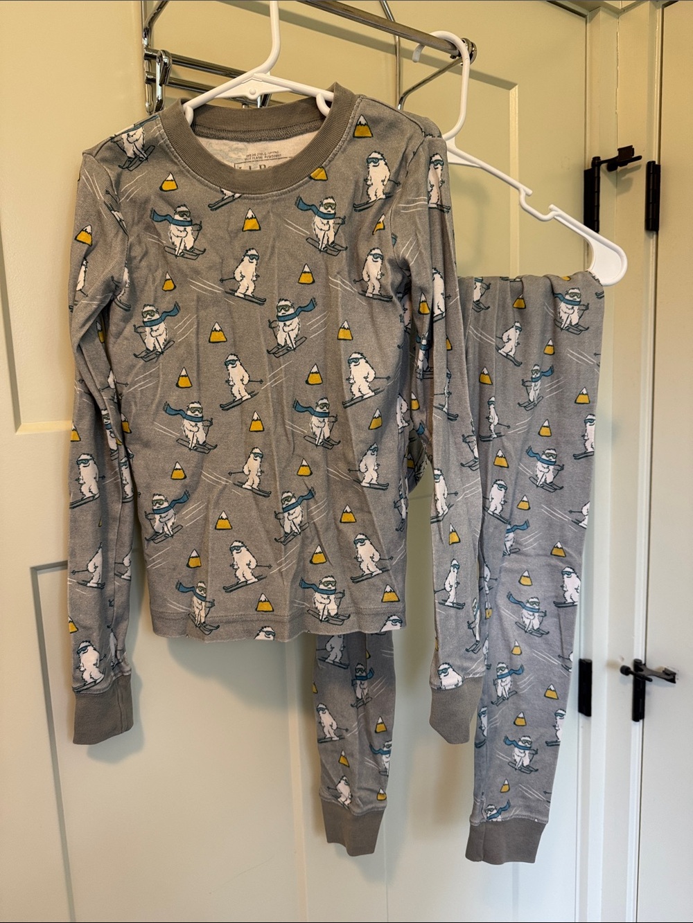 L.L. Bean Gray Skiing Yeti Print Kids Pajama Set with Yellow Accents